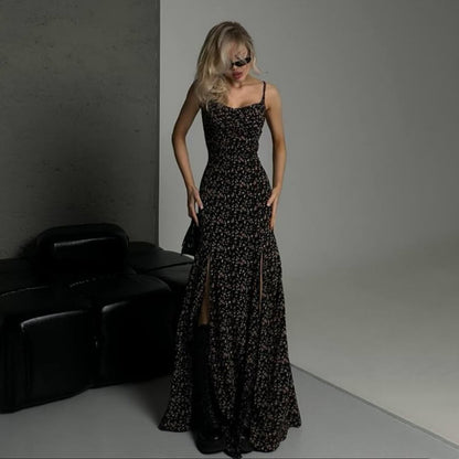 temperament niche new high split tie halter suspender floral dress female hip wrap sexy New