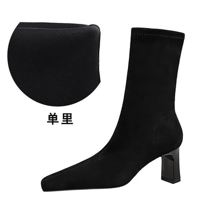 FLOWERSVERSE 2025 375-8  fashion simple thick heel square head suede pedicure thin short women's boots winter high heel short boots