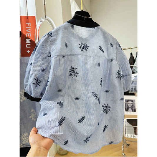 Premium heavy industry embroidery contrasting striped round neck short-sleeved shirt women's summer thin temperament shirt bubble sleeve top