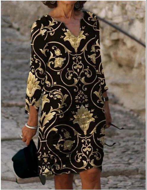 FLOWERSVERSE  new color matching printed patchwork V-neck wide Shochiku retro literary round neck five-quarter sleeve large size dress