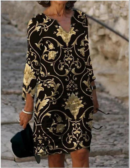 FLOWERSVERSE  new color matching printed patchwork V-neck wide Shochiku retro literary round neck five-quarter sleeve large size dress