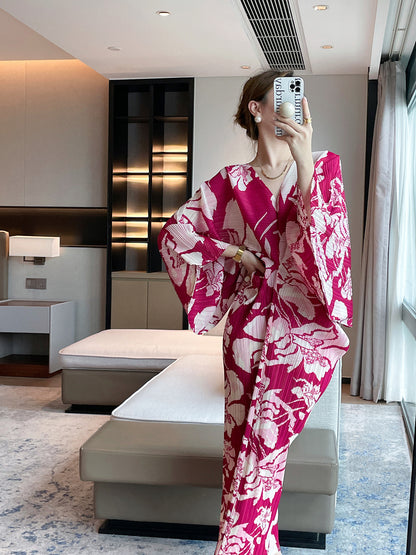 Miyake autumn new long printed loose v-neck slim and thin pleated dress temperament high-end long dress