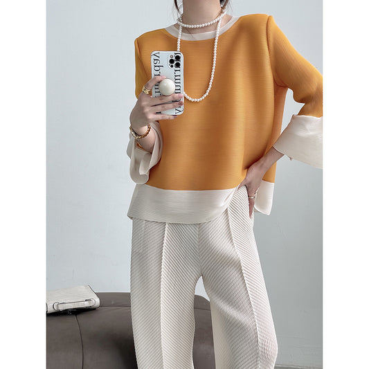 Miyake  summer new round neck color matching lantern sleeves loose pleated top femininity thin versatile T-shirt