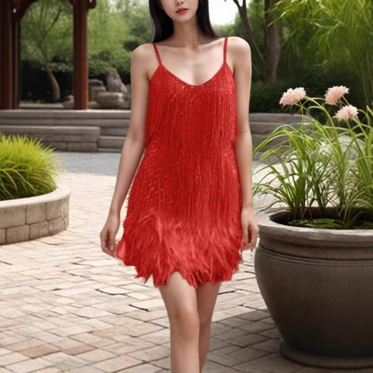 FLOWERSVERSE 2025 Hot Trade Cross-border Fashion Tassel Sequin Party Sexy V-Neck Suspender Feather Splicing Dress Dress