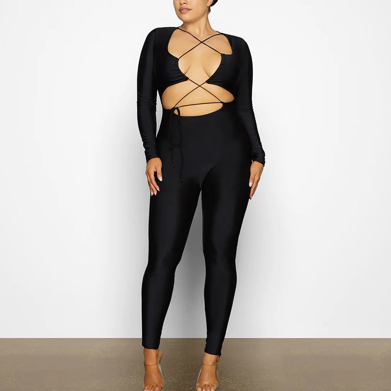 2025 New women's clothing sexy tight jumpsuit autumn new fashion strap backless long-sleeved jumpsuit