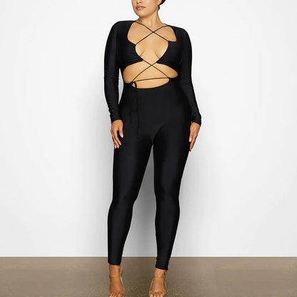 2025 New women's clothing sexy tight jumpsuit autumn new fashion strap backless long-sleeved jumpsuit