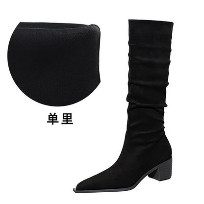 FLOWERSVERSE 2025 009-17 Retro  style knight boots Winter fashion women's boots Medium heel thick heel pointed suede wrinkled high boots