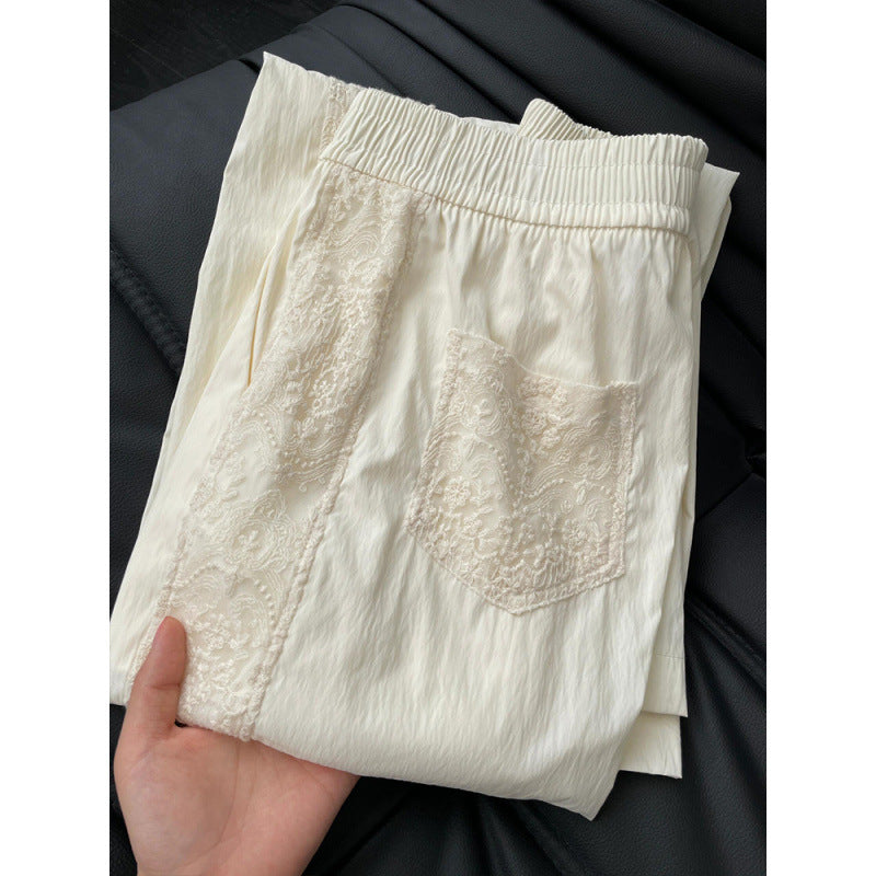 Beige Lace Splicing Casual Pants Women's Summer  New Thin High Waist Skinny Versatile Casual Straight Pants