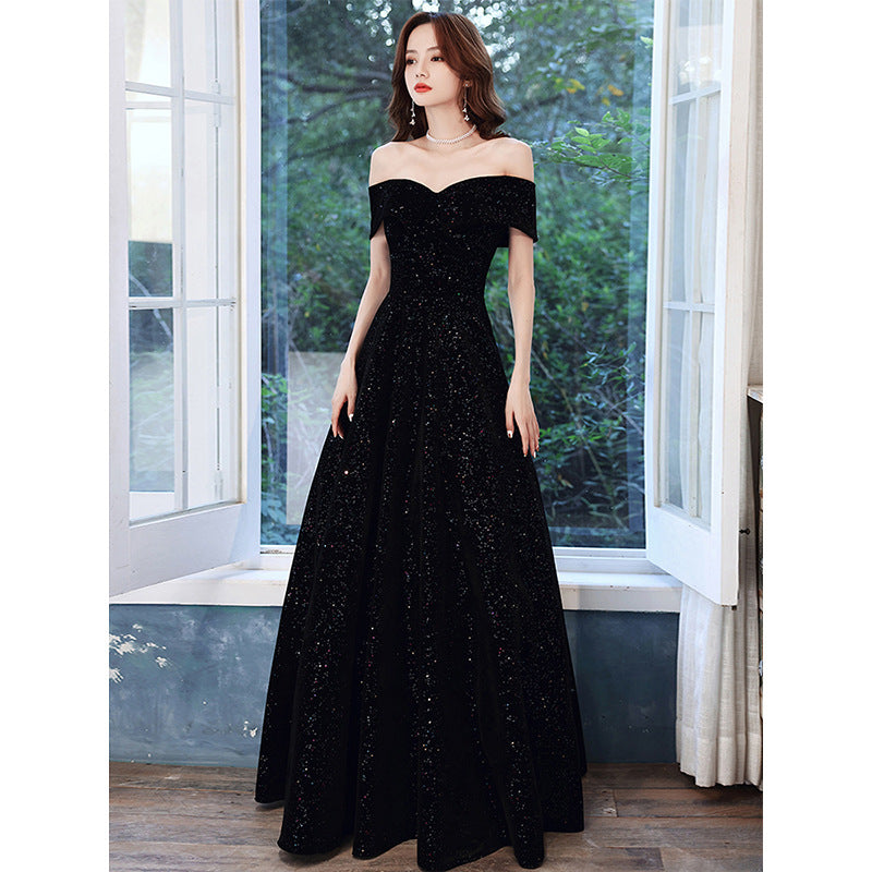 2025 Temperament evening dress women's  new black velvet dress celebrity temperament  banquet dress spring