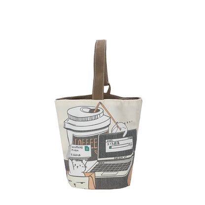 FLOWERSVERSE  New Cartoon Canvas Bag Bucket Bag Printed Cute Small Handbag Contrast Color Bento out Rabbit Small Carrying Bag