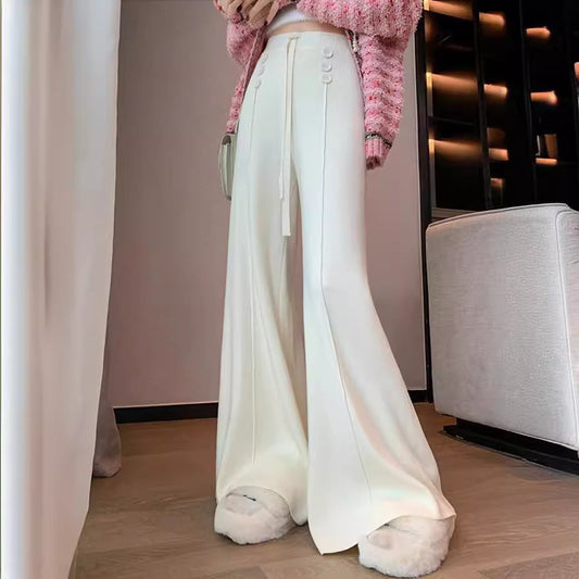 flowersverse White Pants for Women Early Spring and Autumn  New Glutinous Rice Pants High Waist Drooping Slimming Mopping Casual Knitted Wide-Leg Pants