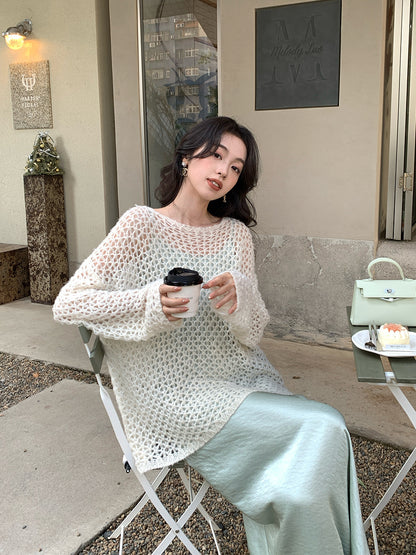 2025 spring loose long-sleeved hollow mohair knitted sweater top oversize sweater 25153