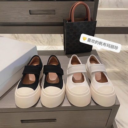 flowersverseZhao Lusi Same Style Canvas Mary Jane Shoes Female Mona All-Match Big Head Nurse Shoes Spring and Summer  Style Platform White Shoes