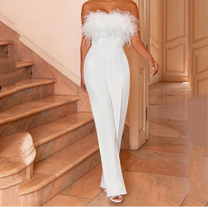 flowersverse Cross-Border Spring and Summer New HOTan and NEWn Women's Clothing Feather Tube Top Solid Color Pants off-Shoulder Backless Sexy Jumpsuit