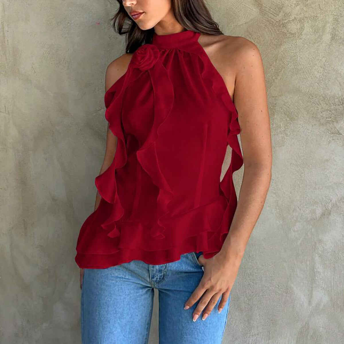 Pure desire 2025n Spice Girl streamer three-dimensional rose sleeveless neck vest women's summer chiffon ruffle edge design sense