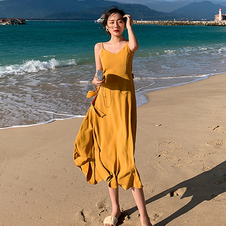 2025 Internet celebrity beach dress women Sanya seaside vacation thin bohemian long dress super fairy yellow dress summer dress