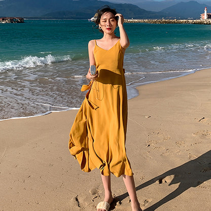 2025 Internet celebrity beach dress women Sanya seaside vacation thin bohemian long dress super fairy yellow dress summer dress
