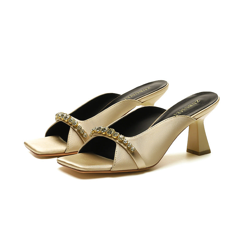 2025 333-3  retro women's shoes square head open-toed high heels rhinestone metal hollow outer wear one-word sandals