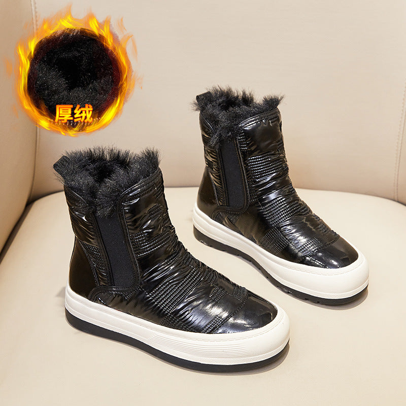 2025 SHI snow boots women's velvet thickened warm  winter new tall thick-soled cotton boots Martin boots women's medium boots