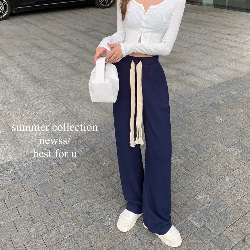 flowersverse Spring and Autumn Korean Style Personalized Drawstring Sports Casual Pants Loose Drooping Walking Wide-Leg Pants Mop Trousers Women