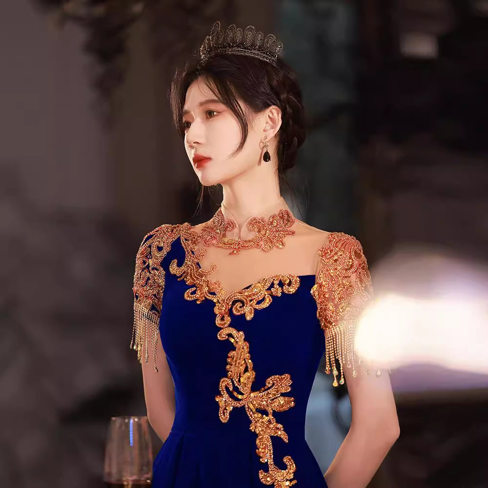 Evening dress female banquet host velvet light luxury niche style temperament celebrity New vocal performance art test