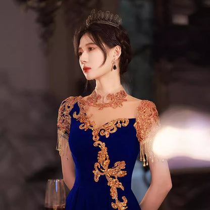 Evening dress female banquet host velvet light luxury niche style temperament celebrity New vocal performance art test