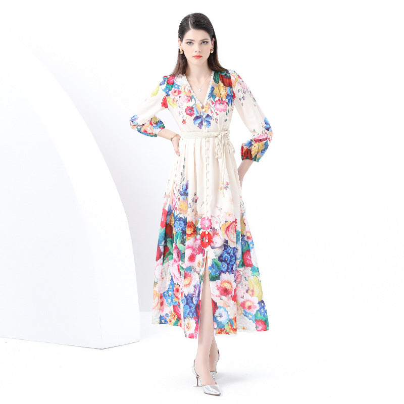 Popular style dress women's court style retro elegant lantern sleeves waist single-breasted split-ended printed long dress
