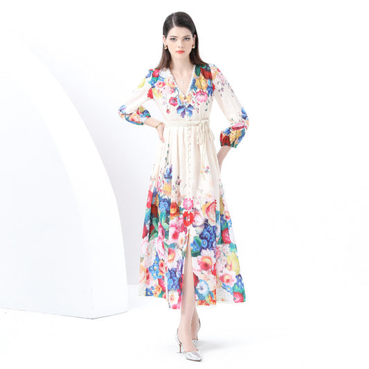 Popular style dress women's court style retro elegant lantern sleeves waist single-breasted split-ended printed long dress