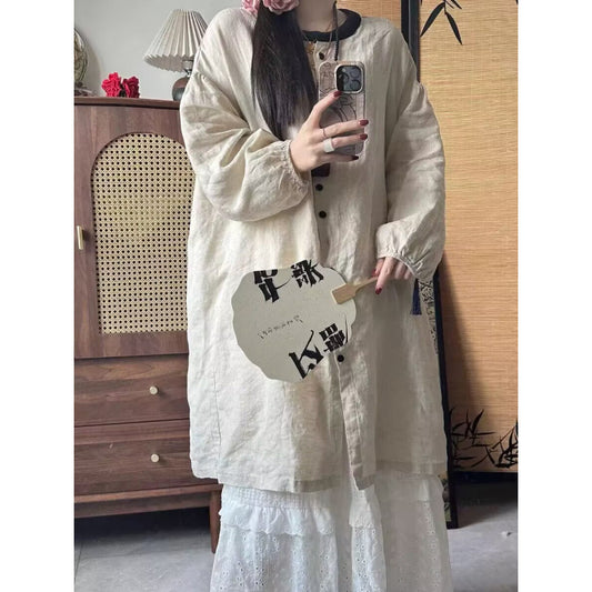 spring and summer new literary and retro loose age reduction casual style medium and long solid color temperament cardigan dress