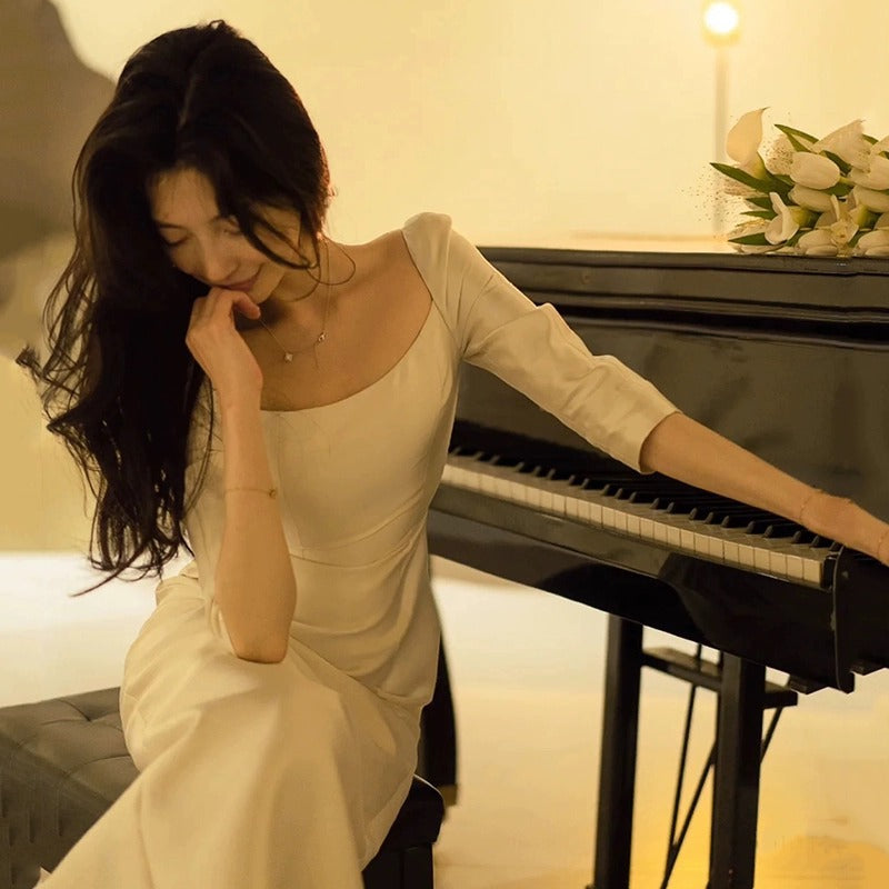 2025 satin long-sleeved light wedding dress  new bridal temperament retro welcome door dress waist fishtail dress