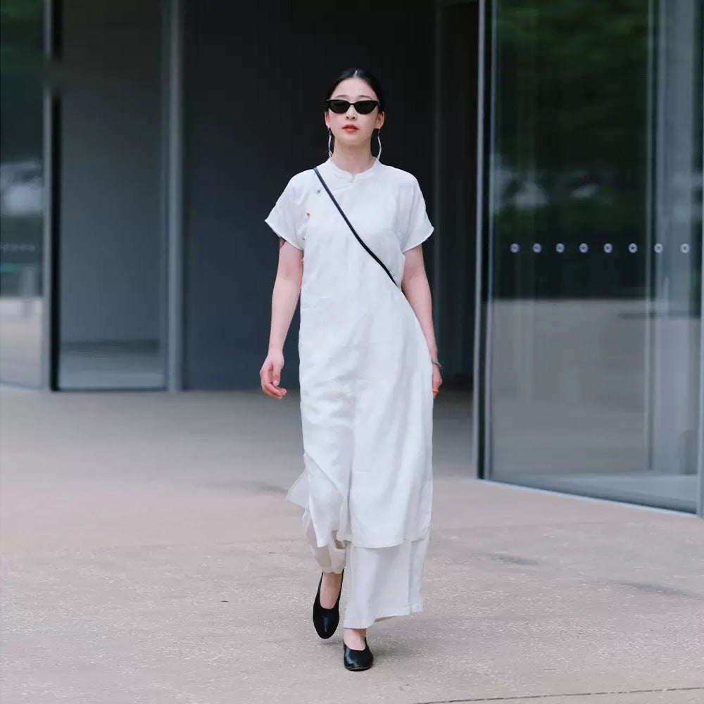 New Chinese dress women's spring and summer, Tencel hemp improved cheongsam dress, retro temperament split two colors B0451