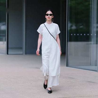 New Chinese dress women's spring and summer, Tencel hemp improved cheongsam dress, retro temperament split two colors B0451