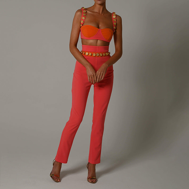 2025 New hot-selling  suit women's fashion two-piece set willow buckle suspender color matching tube top casual trousers
