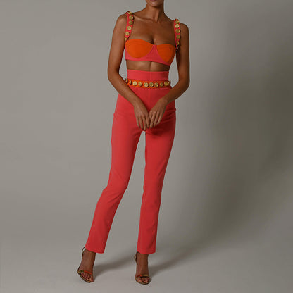 2025 New hot-selling  suit women's fashion two-piece set willow buckle suspender color matching tube top casual trousers