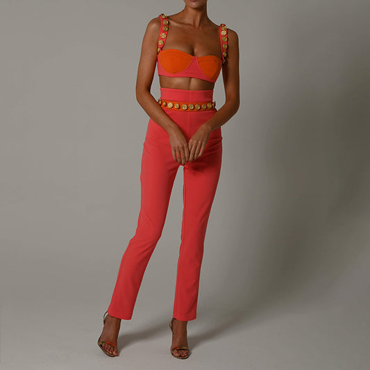 2025 New hot-selling  suit women's fashion two-piece set willow buckle suspender color matching tube top casual trousers