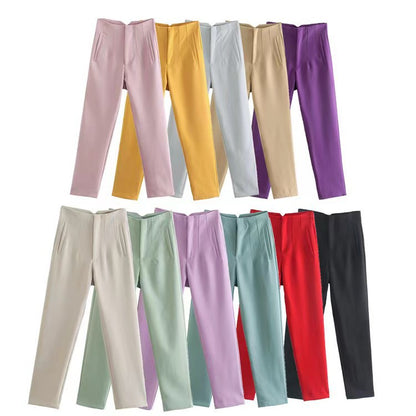 FLOWERSVERSE  Women's Trousers European and American  Cross-Border New Arrival Slim-Fit Slimming Solid Color Pleating Micro-Elastic Formal Wear Straight-Leg Pants Casual Pants