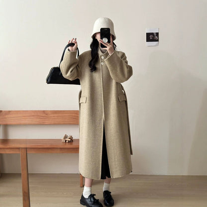 2025 Solid color stand-up collar extended strap-up high-end double-sided woolen cashmere coat women's wool woolen coat to keep warm in autumn and winter