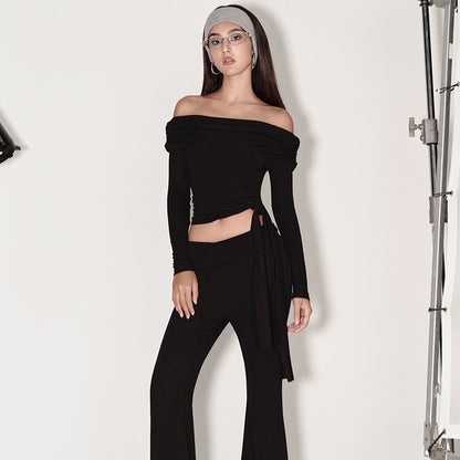 FLOWERSVERSE 2025 Spring New 2025 Women's Clothing Sexy Spice Girls One-word Shoulder Straps Short Navel Long Sleeve T-Shirt Top Women