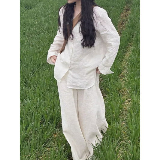 Minimalist lazy retro v-neck shirt lazy suit  spring and summer new solid color casual pants + shirt