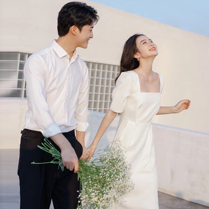 2025 satin light wedding dress small man simple retro certificate registration small white dress white temperament engagement dress