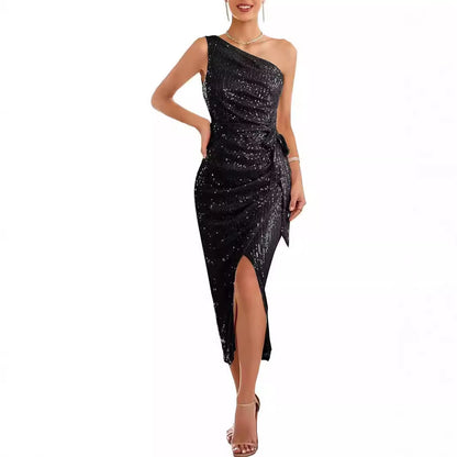 FLOWERSVERSE 20252025 4 Women's Sleeveless Shoulder Sequin Dress Sparkle Wrap Dress Cocktail Party with Split Wedding