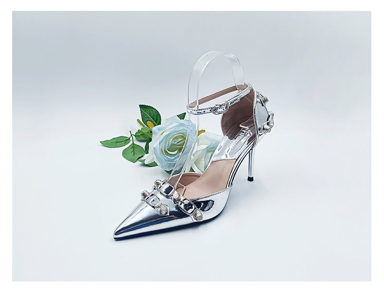 flowersverse  New European and American Lens Rivet High Heels Hollow Women's Shoes Punk Stiletto Heel Belt Buckle Strap Shoes