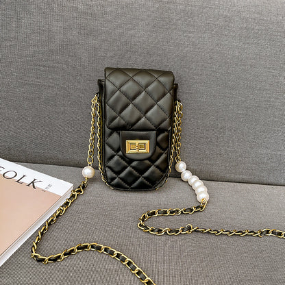 FLOWERSVERSE  Pearl Chain Diamond Check Bag Female  New Women's Chic Bag Crossbody Bag Classic Style Mobile Phone Bag Factory Customization