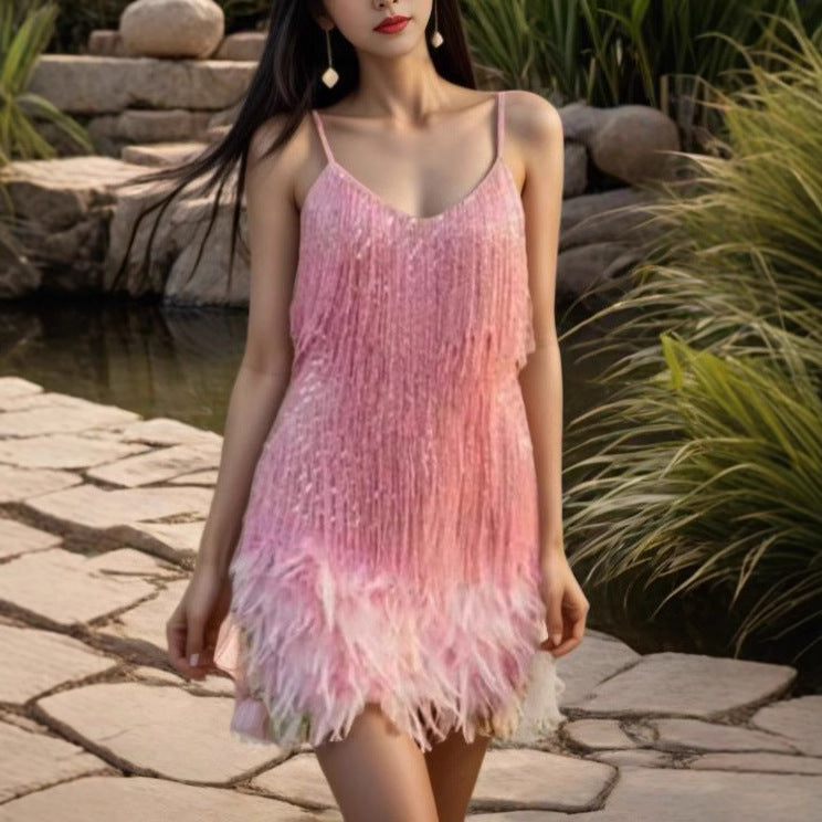 FLOWERSVERSE 2025 Hot Trade Cross-border Fashion Tassel Sequin Party Sexy V-Neck Suspender Feather Splicing Dress Dress