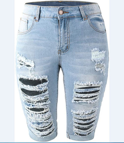 8853 # Popular trade high waist ripped elastic jeans women's medium pants