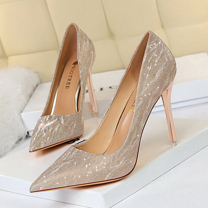 2025 1829-1  high heels women's shoes thin heels high heels light mouth pointed sequins sexy and thin nightclub single shoes wedding shoes