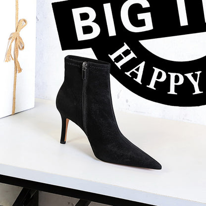 FLOWERSVERSE 2025 9788-2  simple, sexy and thin banquet women's boots, thin heels, high heels, pointed heads, black denim cloth boots