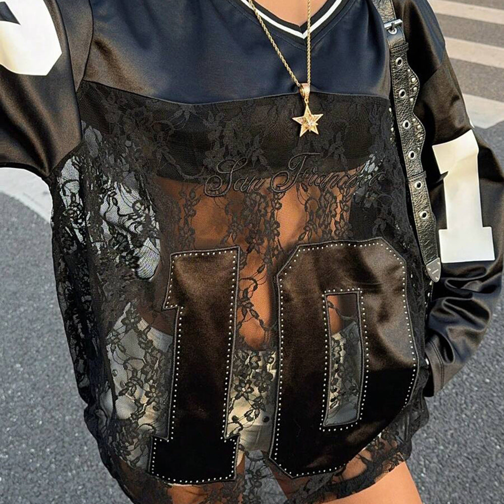 Street style Spice Girl fashion lace splicing contrasting color collar pullover sweater women's loose perspective design sense printed top