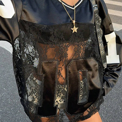 Street style Spice Girl fashion lace splicing contrasting color collar pullover sweater women's loose perspective design sense printed top