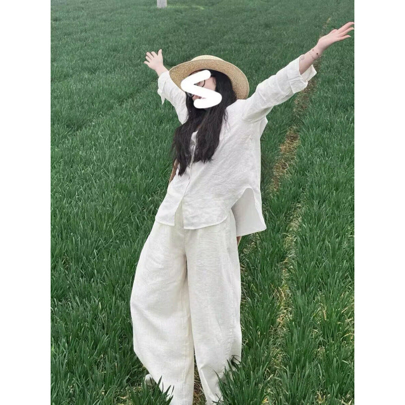 Minimalist lazy retro v-neck shirt lazy suit  spring and summer new solid color casual pants + shirt